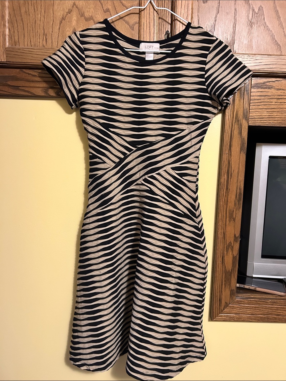 LOFT Black and Cream Wave-Stripe Fit & Flare Mini Dress